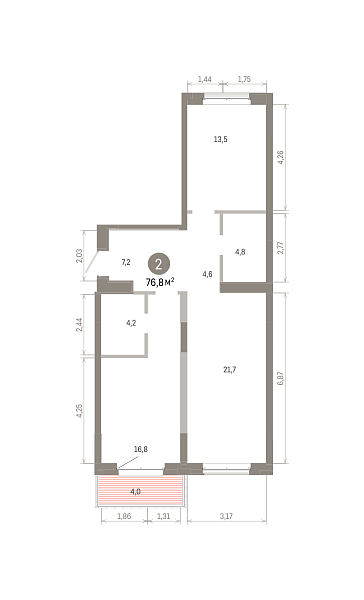 Количество комнат: 2,  76.82 кв.м.