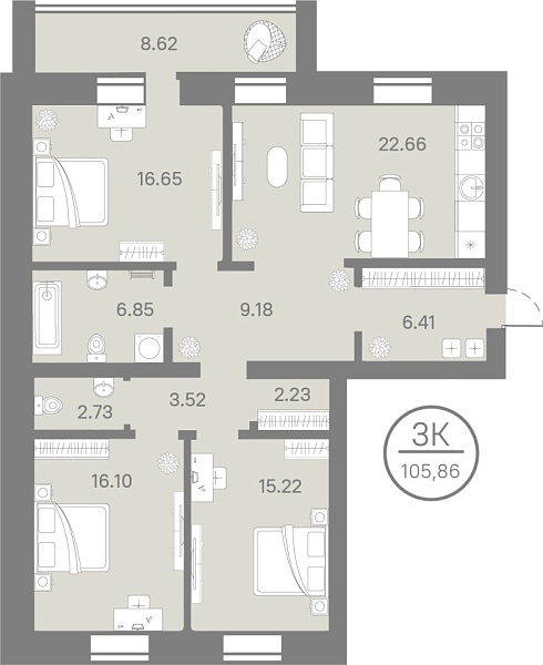 Новая 3-к квартира
 105.86 м² на 5/9 этаже в ЖК «Ария» в городе Тюмень 