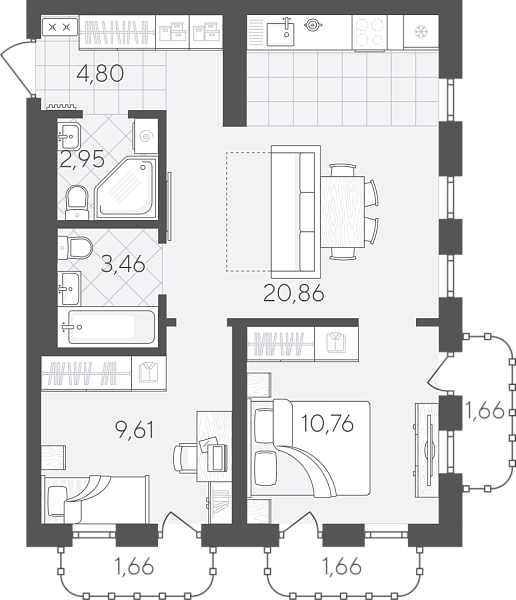 Новая 2-к квартира
 57.42 м² на 11/24 этаже в ЖК «Скандиа. Квартал в Слободе» в городе Тюмень 