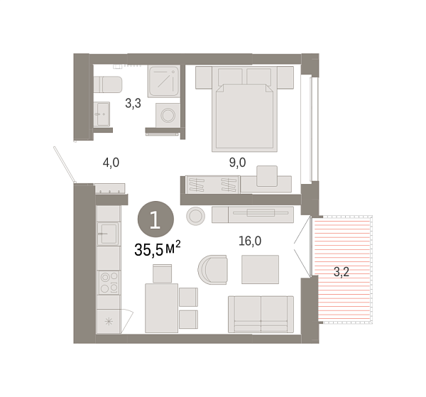 Новая 1-к квартира
 35.47 м² на 8/9 этаже в ЖК «Республики 205» в городе Тюмень 