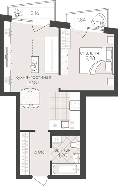 Новая 1-к квартира
 48.33 м² на 4/4 этаже в ЖК «Скандиа. Квартал у Озера» в городе Тюмень 