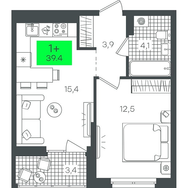 Новая 1-к квартира
 39.49 м² на 9/22 этаже в ЖК «Гранд Квартал» в городе Тюмень 