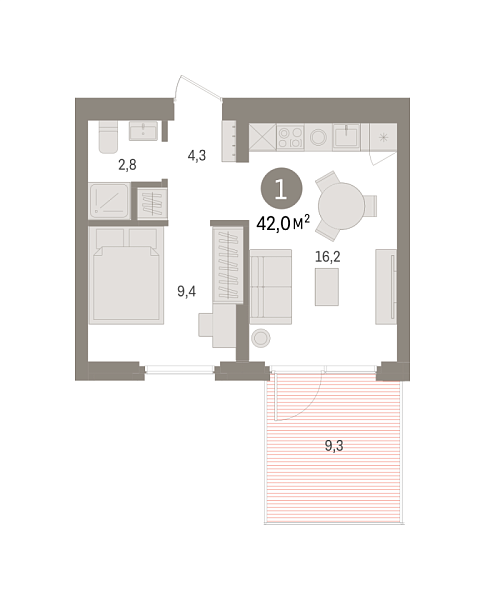 Новая 1-к квартира
 42 м² на 2/7 этаже в ЖК «Квартал «Траектория»» в городе Тюмень 