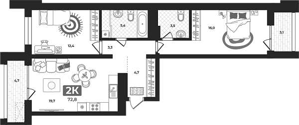 Новая 2-к квартира
 72.8 м² на 3/23 этаже в ЖК «Маэстро» в городе Тюмень 