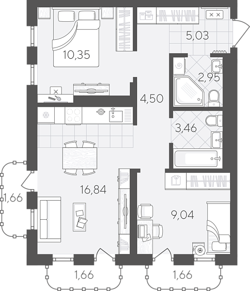 Новая 2-к квартира
 57.15 м² на 14/24 этаже в ЖК «Скандиа. Квартал в Слободе» в городе Тюмень 
