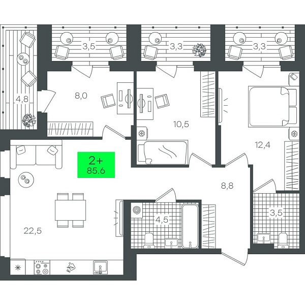 Новая 2-к квартира
 85.63 м² на 9/22 этаже в ЖК «Гранд Квартал» в городе Тюмень 