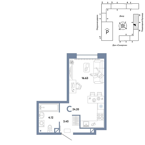 Новая квартира-студия
 24.2 м² на 3/16 этаже в ЖК «Юнион» в городе Тюмень 