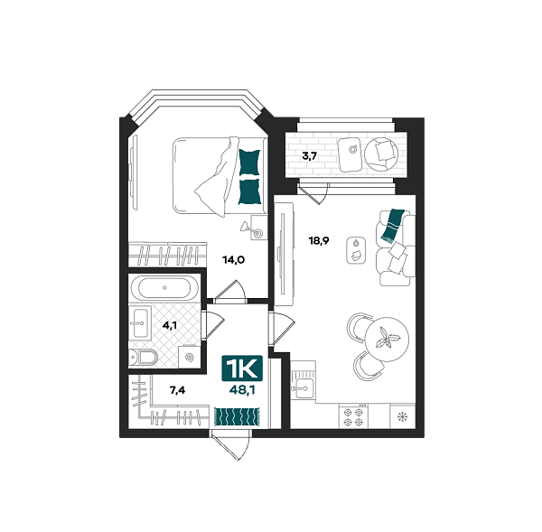 Новая 1-к квартира
 48.1 м² на 10/23 этаже в ЖК «Добро» в городе Тюмень 