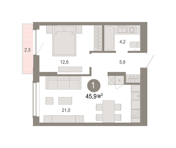 Новая 1-к квартира
 45.93 м² на 14/17 этаже в ЖК «Октябрьский на Туре» в городе Тюмень 