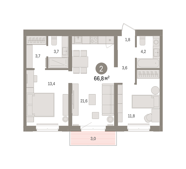 Новая 2-к квартира
 66.79 м² на 6/8 этаже в ЖК «Кварталы «На Минской»» в городе Тюмень 