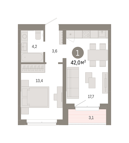 Новая 1-к квартира
 42 м² на 5/7 этаже в ЖК «Кварталы «На Минской»» в городе Тюмень 