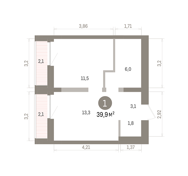 Количество комнат: 1,  39.9 кв.м.
