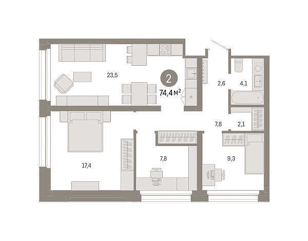 Новая 2-к квартира
 74.43 м² на 2/9 этаже в ЖК «Квартал Нефть» в городе Тюмень 