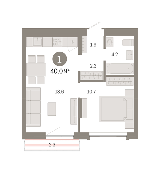 Новая 1-к квартира
 40 м² на 4/7 этаже в ЖК «Октябрьский на Туре» в городе Тюмень 