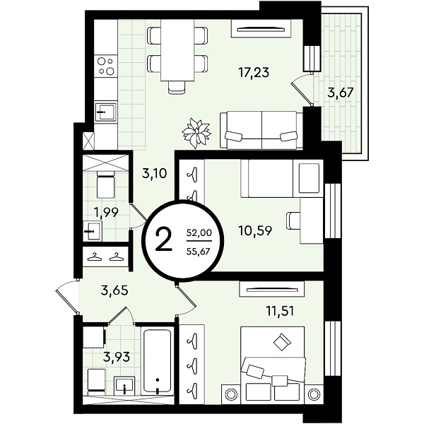 Квартира, 55 кв.м., Александра Звягина, 3