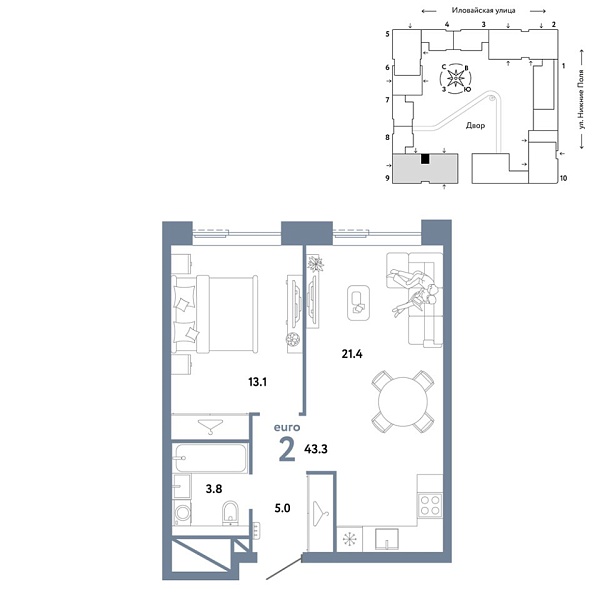 Новая 2-к квартира
 43.3 м² на 34/38 этаже в ЖК «Страна.Заречная» в городе Тюмень 