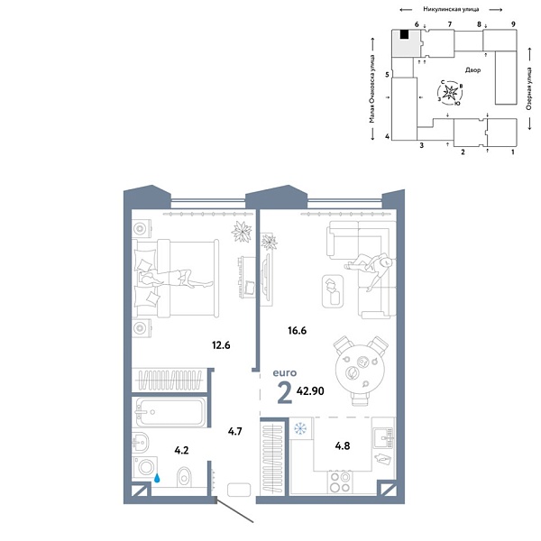 Новая 2-к квартира
 42.9 м² на 24/30 этаже в ЖК «Страна.Озёрная» в городе Тюмень 