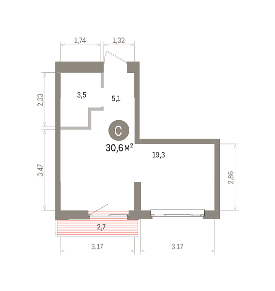 Количество комнат: Студия,  30.6 кв.м.