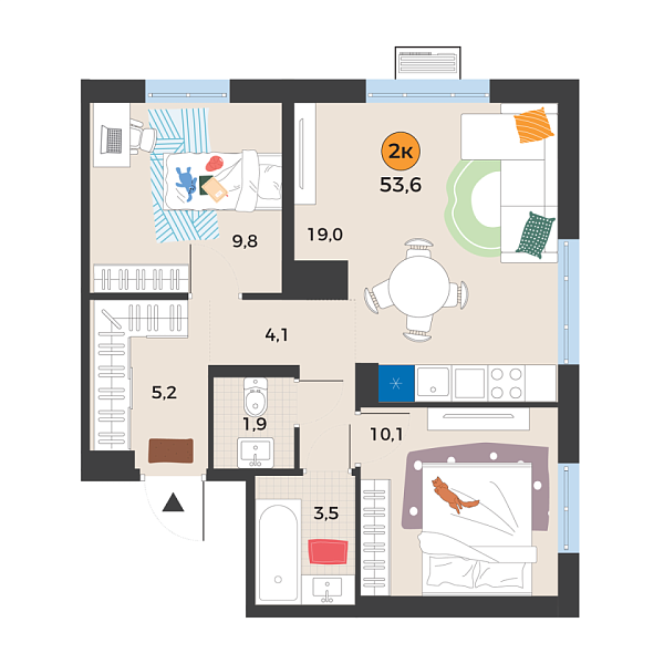 Новая 2-к квартира
 53.7 м² на 18/25 этаже в ЖК «Корней» в городе Тюмень 