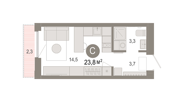 Новая квартира-студия
 23.83 м² на 11/17 этаже в ЖК «Октябрьский на Туре» в городе Тюмень 