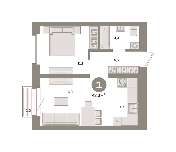 Новая 1-к квартира
 42.3 м² на 17/24 этаже в ЖК «Квартал «Метроном»» в городе Тюмень 
