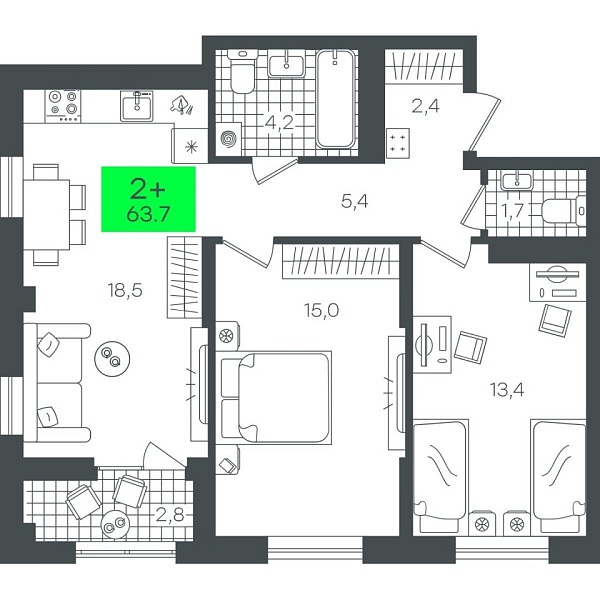 Новая 2-к квартира
 63.78 м² на 14/19 этаже в ЖК «Гранд Квартал» в городе Тюмень 