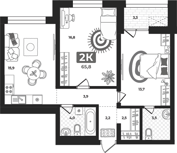 Новая 2-к квартира
 66.1 м² на 10/23 этаже в ЖК «Маэстро» в городе Тюмень 