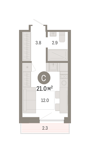 Новая квартира-студия
 21.03 м² на 6/7 этаже в ЖК «Октябрьский на Туре» в городе Тюмень 