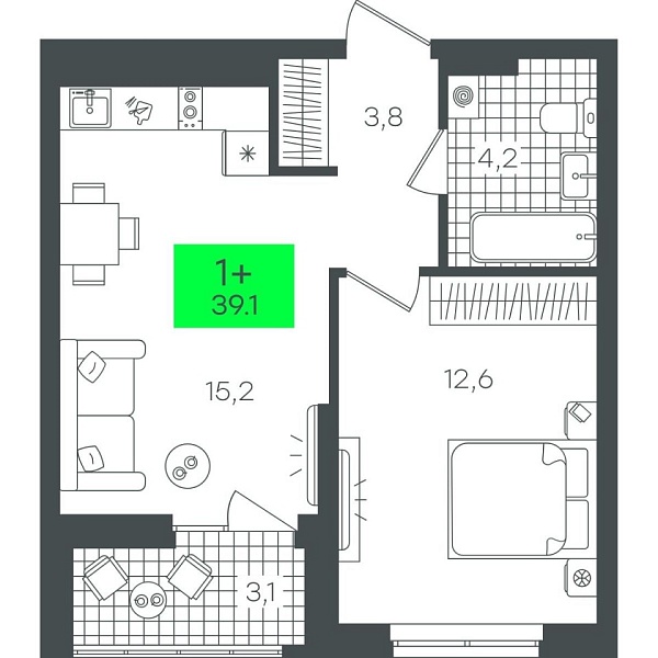 Новая 1-к квартира
 39.1 м² на 6/22 этаже в ЖК «Гранд Квартал» в городе Тюмень 