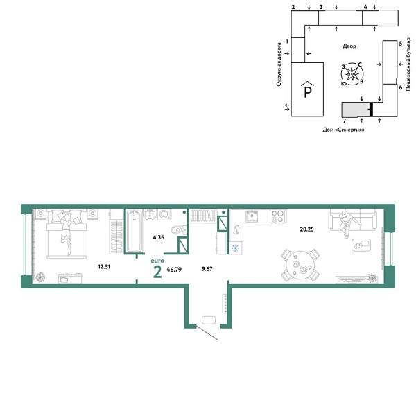Новая 2-к квартира
 46.79 м² на 13/16 этаже в ЖК «Юнион» в городе Тюмень 