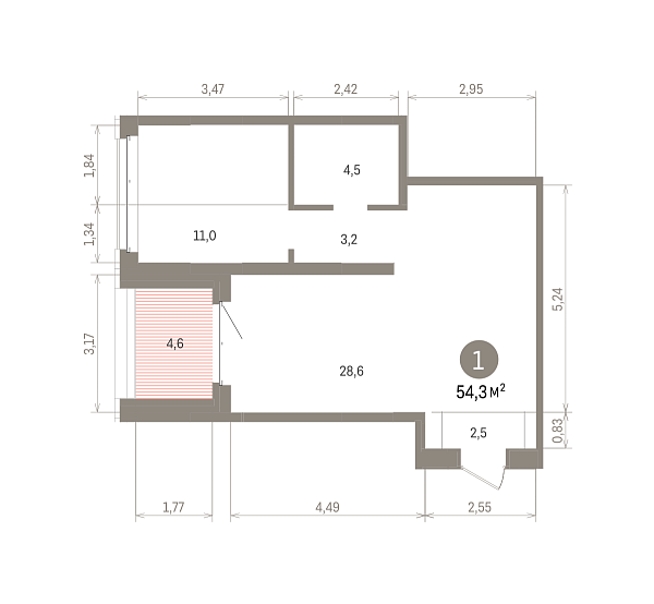 Количество комнат: 1,  54.34 кв.м.