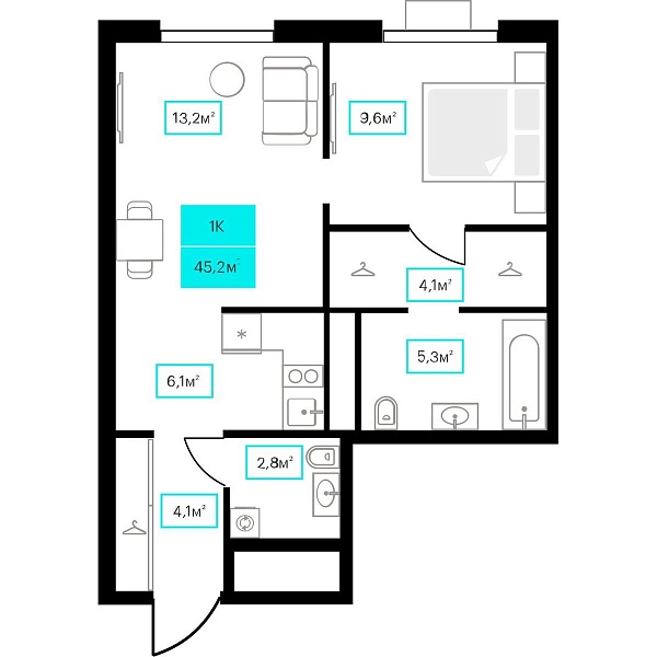 Количество комнат: 1,  45.2 кв.м.