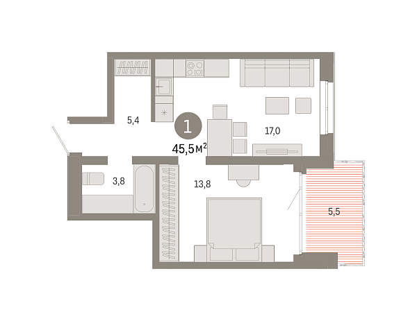 Новая 1-к квартира
 45.5 м² на 3/17 этаже в ЖК «Южные кварталы» в городе Тюмень 