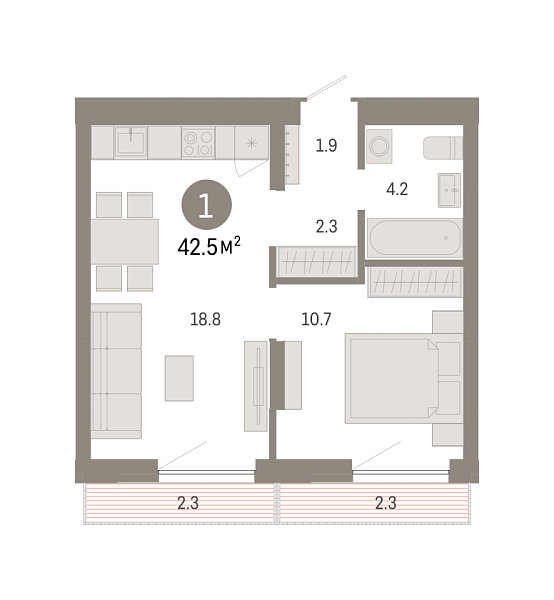 Новая 1-к квартира
 42.48 м² на 4/7 этаже в ЖК «Октябрьский на Туре» в городе Тюмень 
