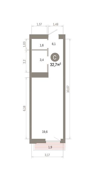 Количество комнат: Студия,  32.72 кв.м.