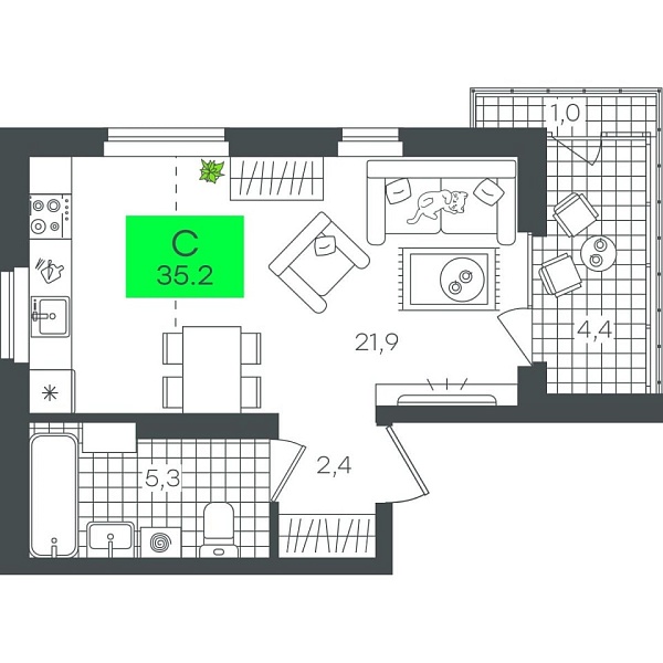Новая квартира-студия
 35.29 м² на 5/12 этаже в ЖК «Гранд Квартал» в городе Тюмень 