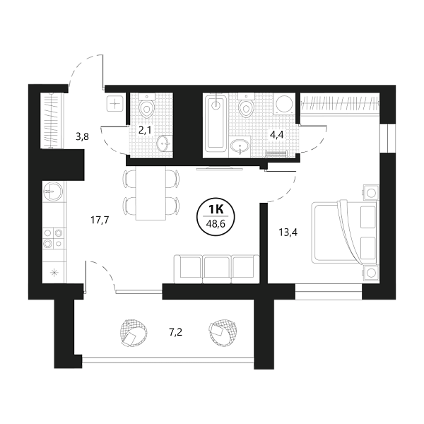 Новая 1-к квартира
 48.6 м² на 14/22 этаже в ЖК «Маэстро» в городе Тюмень 