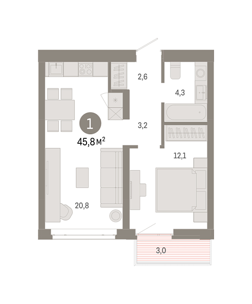 Новая 1-к квартира
 45.84 м² на 7/8 этаже в ЖК «Республики 205» в городе Тюмень 
