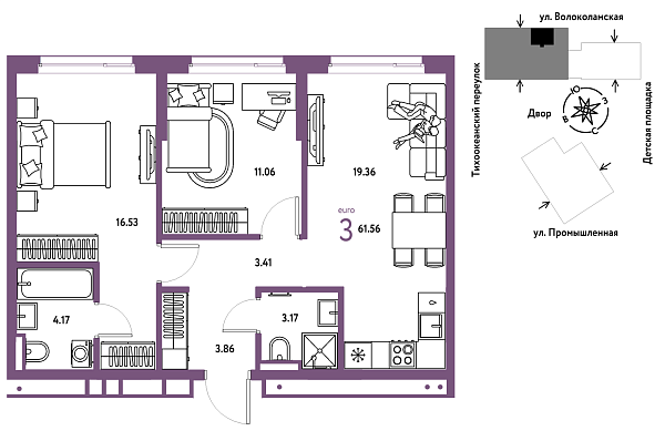 Новая 3-к квартира
 61.56 м² на 4/20 этаже в ЖК «Страна.Прибрежная» в городе Тюмень 