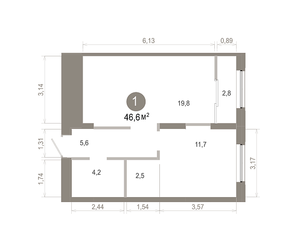 Количество комнат: 1,  46.58 кв.м.
