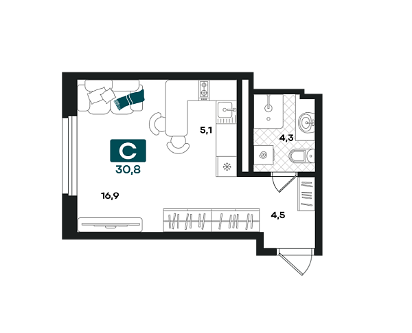 Новая квартира-студия
 30.8 м² на 23/23 этаже в ЖК «Добро» в городе Тюмень 