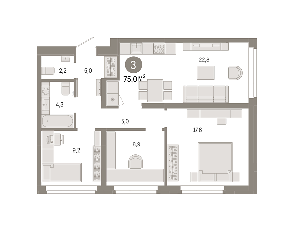 Новая 3-к квартира
 74.95 м² на 2/7 этаже в ЖК «Республики 205» в городе Тюмень 