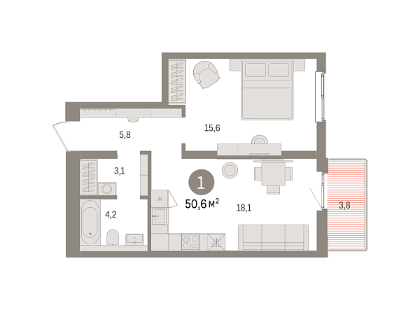 Новая 1-к квартира
 50.56 м² на 5/9 этаже в ЖК «Брусника в Новоселье» в городе Тюмень 