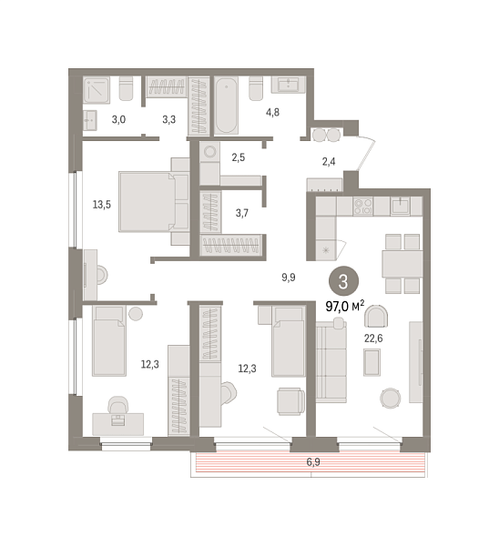 Новая 3-к квартира
 97.03 м² на 10/16 этаже в ЖК «Зарека» в городе Тюмень 