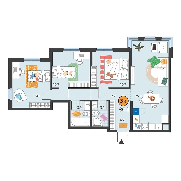 Новая 3-к квартира
 80.1 м² на 2/25 этаже в ЖК «Корней» в городе Тюмень 