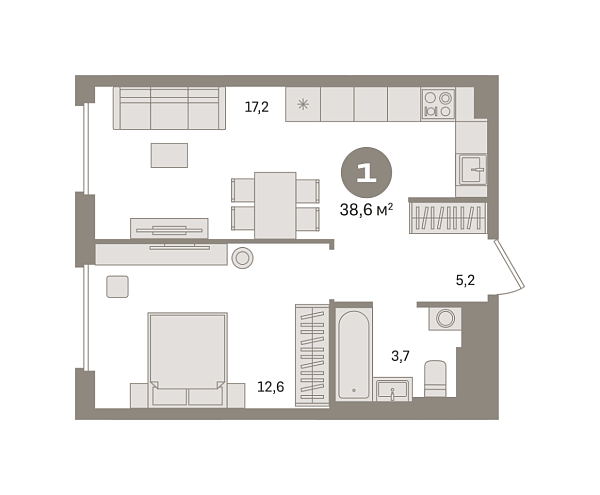 Новая 1-к квартира
 38.63 м² на 11/16 этаже в ЖК «Квартал Герцена» в городе Тюмень 