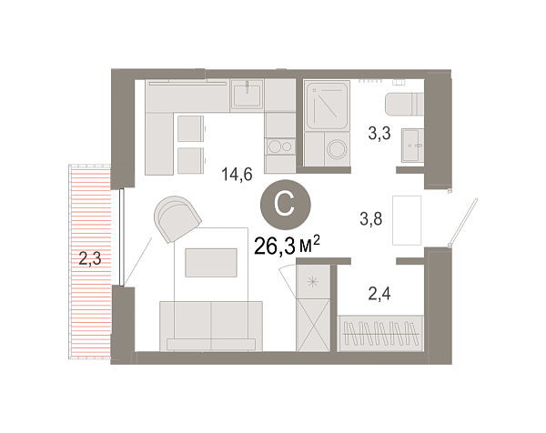 Новая квартира-студия
 26.28 м² на 7/9 этаже в ЖК «Октябрьский на Туре» в городе Тюмень 