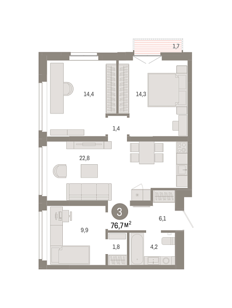 Новая 3-к квартира
 76.66 м² на 6/9 этаже в ЖК «Республики 205» в городе Тюмень 