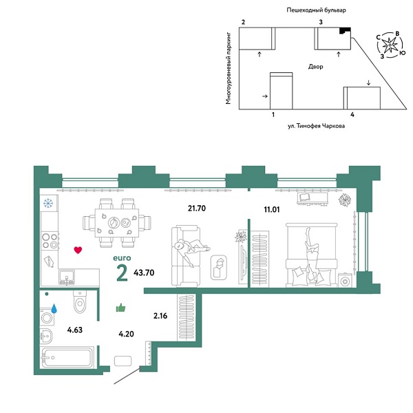 Новая 2-к квартира
 43.7 м² на 24/31 этаже в ЖК «Звёздный» в городе Тюмень 