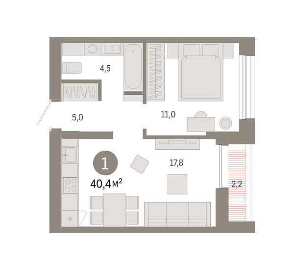 Новая 1-к квартира
 40.44 м² на 8/9 этаже в ЖК «Республики 205» в городе Тюмень 